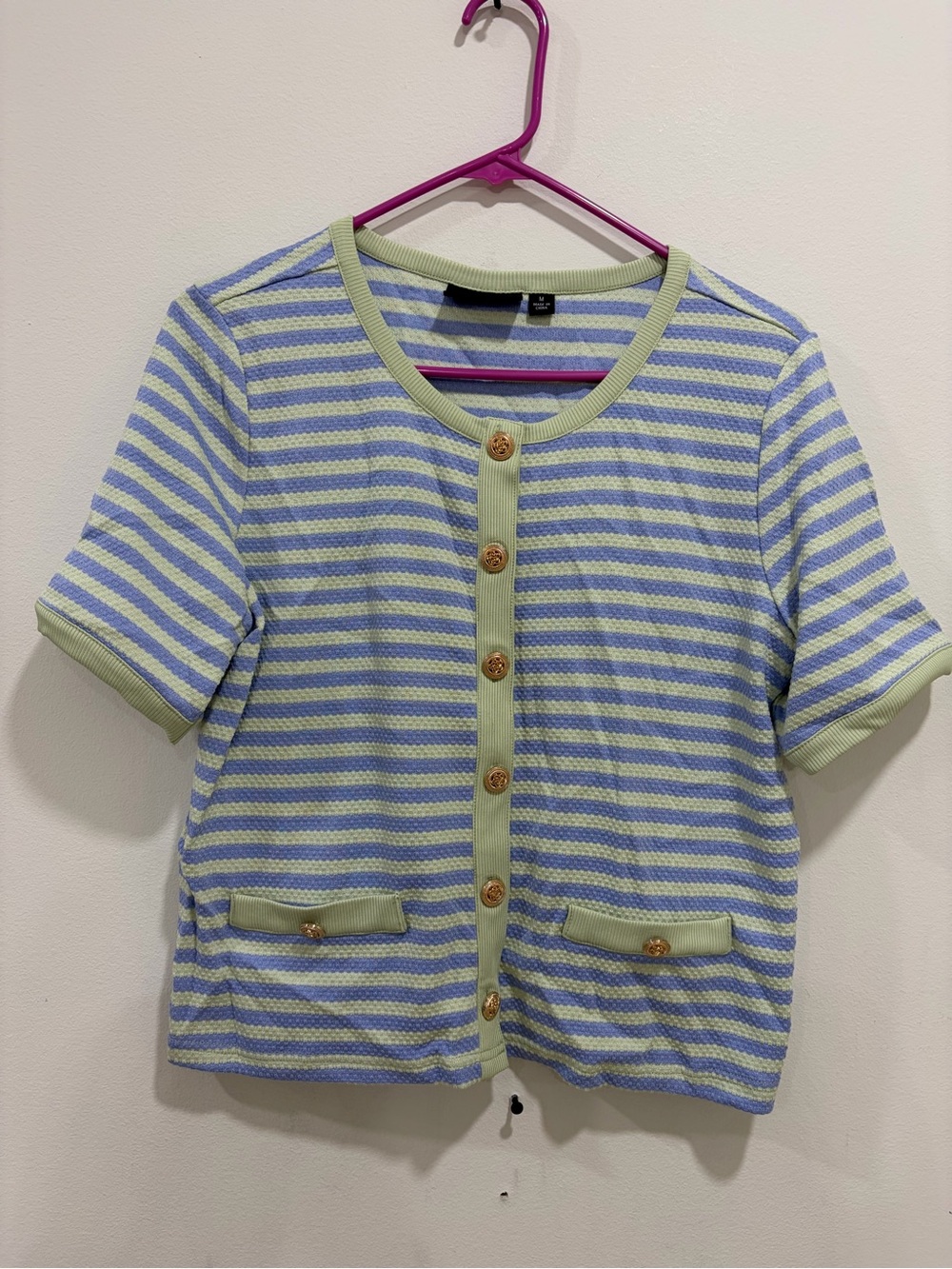 G by Giuliana Light Blue & Light Green Striped Short-Sleeve Button Cardigan